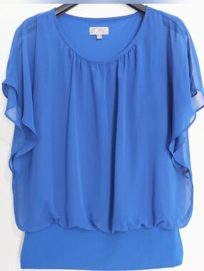 JM Collection Women's Blue Flutter Sleeve Blouse Medium Layered Bubble Hem Top M